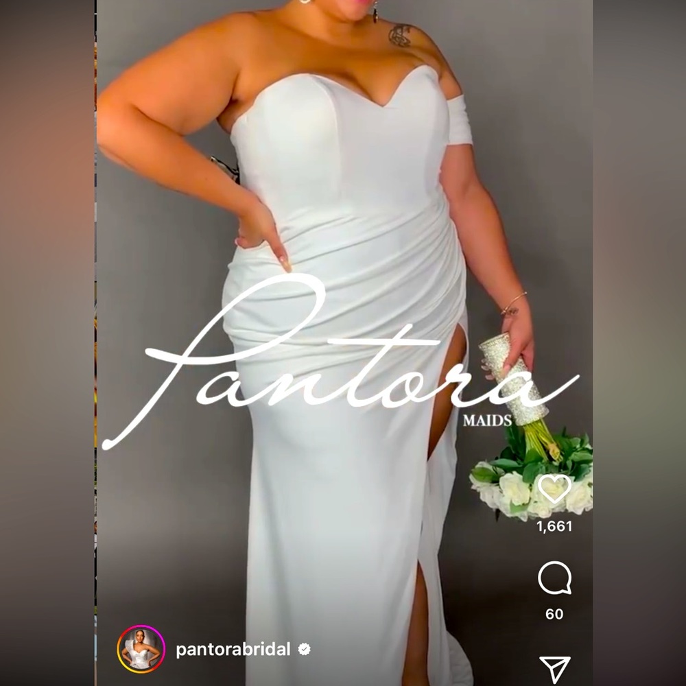 Plus Size White Pantora Stretch Satin Gown with extra length.